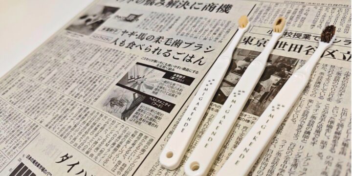 掲載された日経新聞の紙面とミガケンデを並べた写真